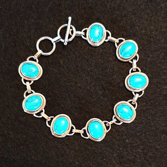 Vintage 925 Sterling Silver Genuine Black Vein Turquoise Cabochon Link Bracelet - Picture 8 of 13